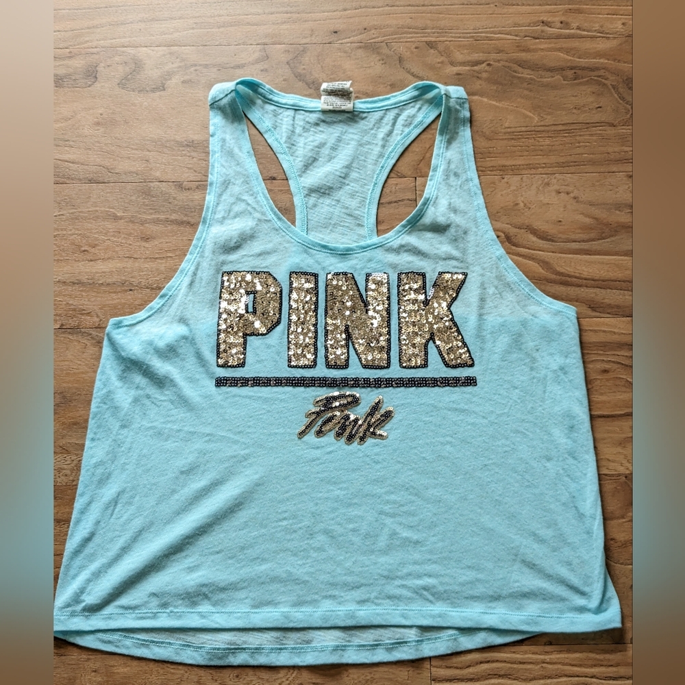 Vintage PINK Victoria's Secret Sequin Logo Tank Top - Light Blue - Y2K